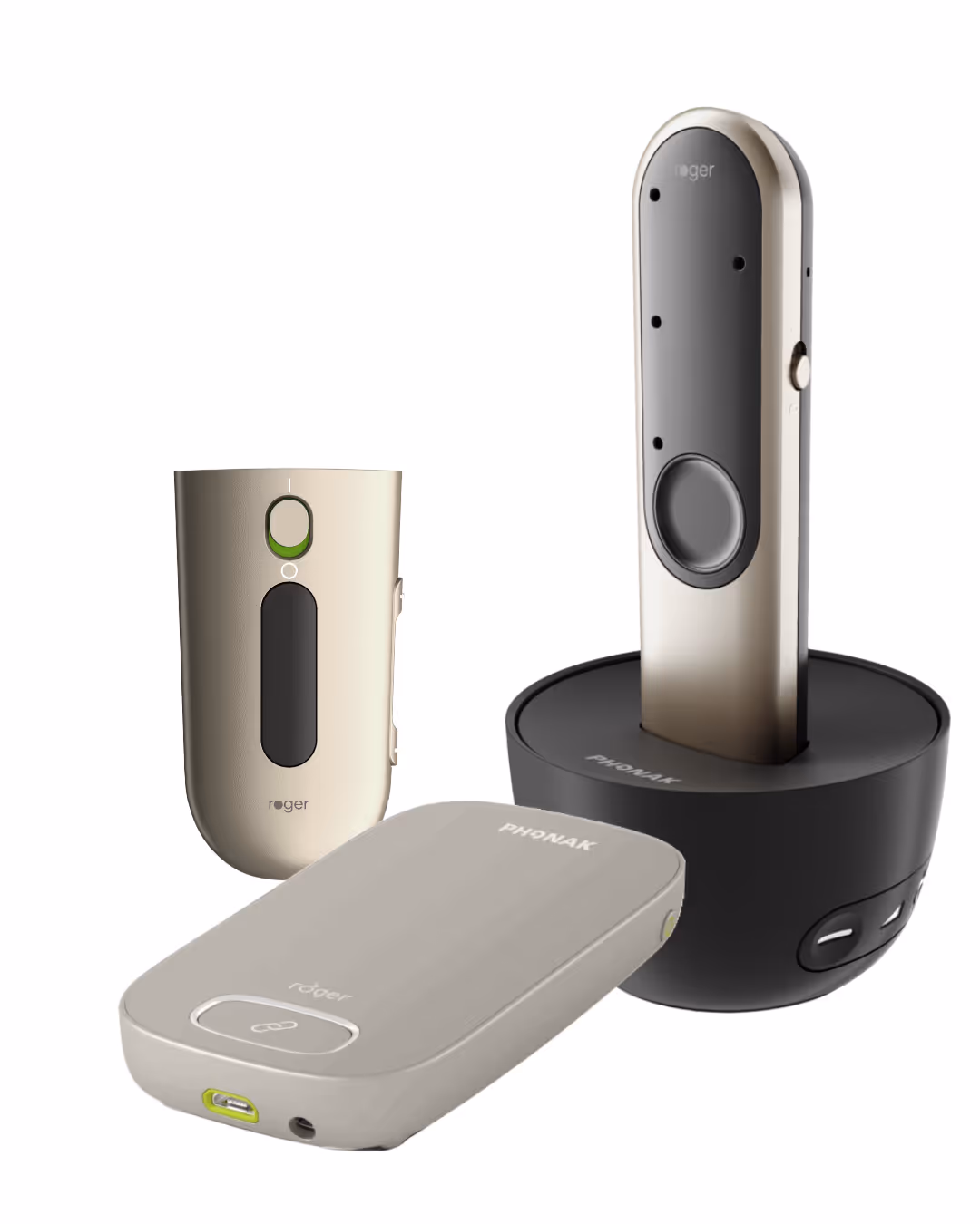 Three hearing aid devices with charging bases and controls displayed on a white background.