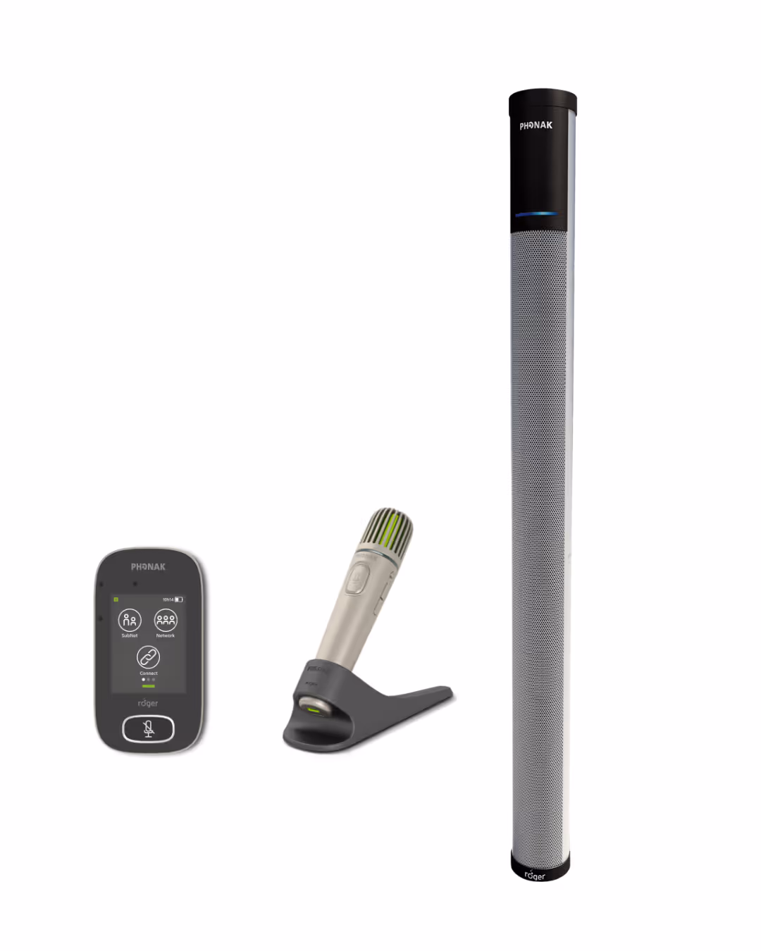 Hearing amplification system with a tall soundbar, microphone, and a control device for audio settings.