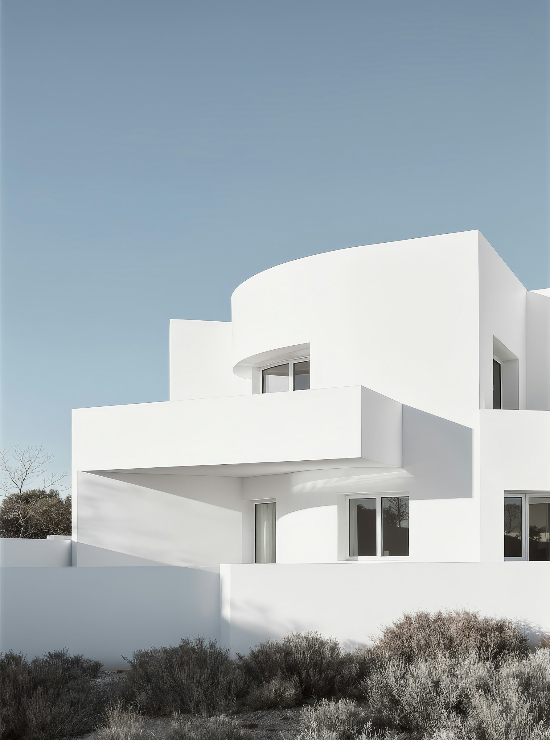 Minimalist modern white building with curved and angular walls against a clear blue sky and dry shrubs in the foreground.