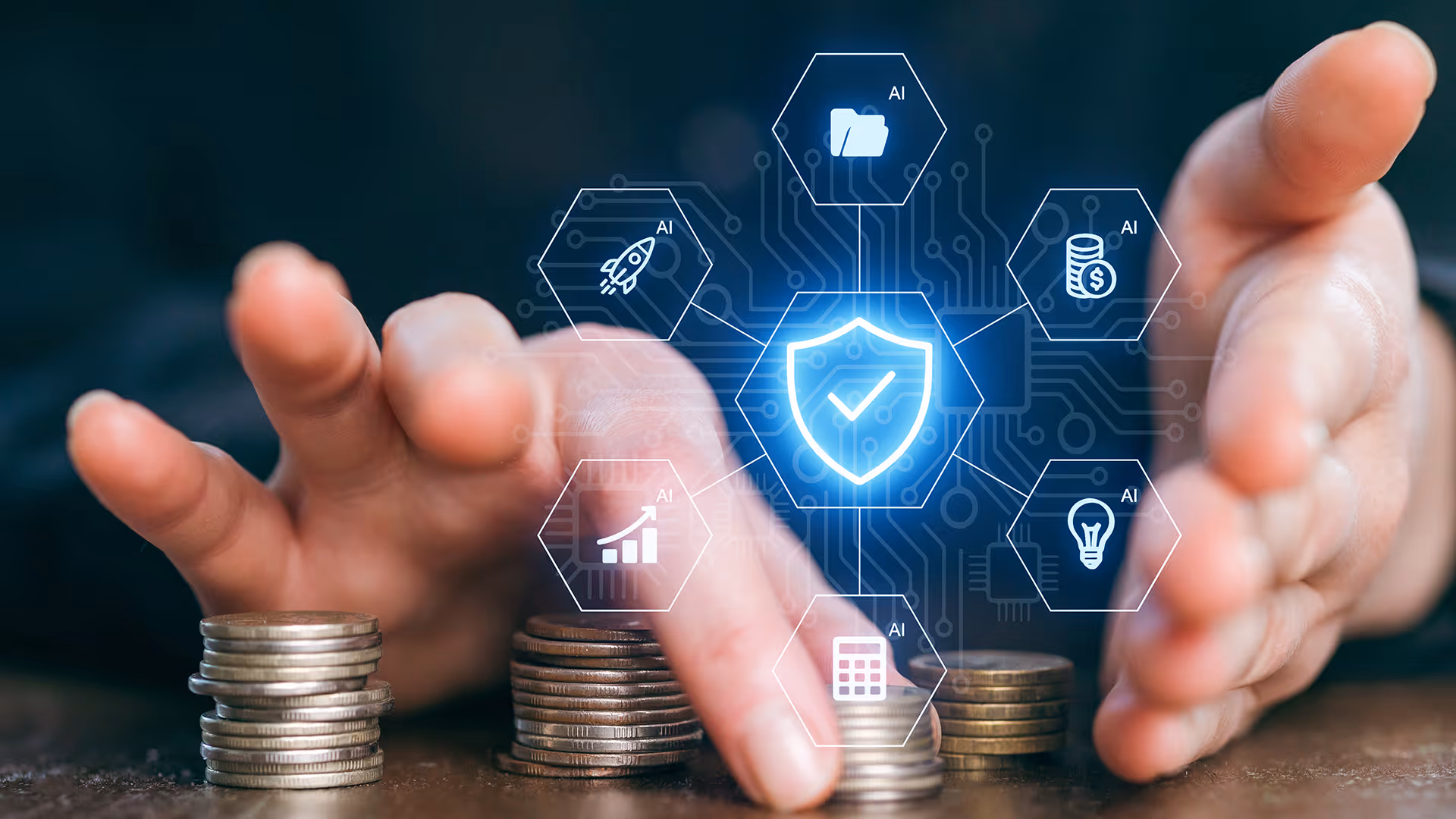 Holographic shield projected over man stacking coins, representing financial protection