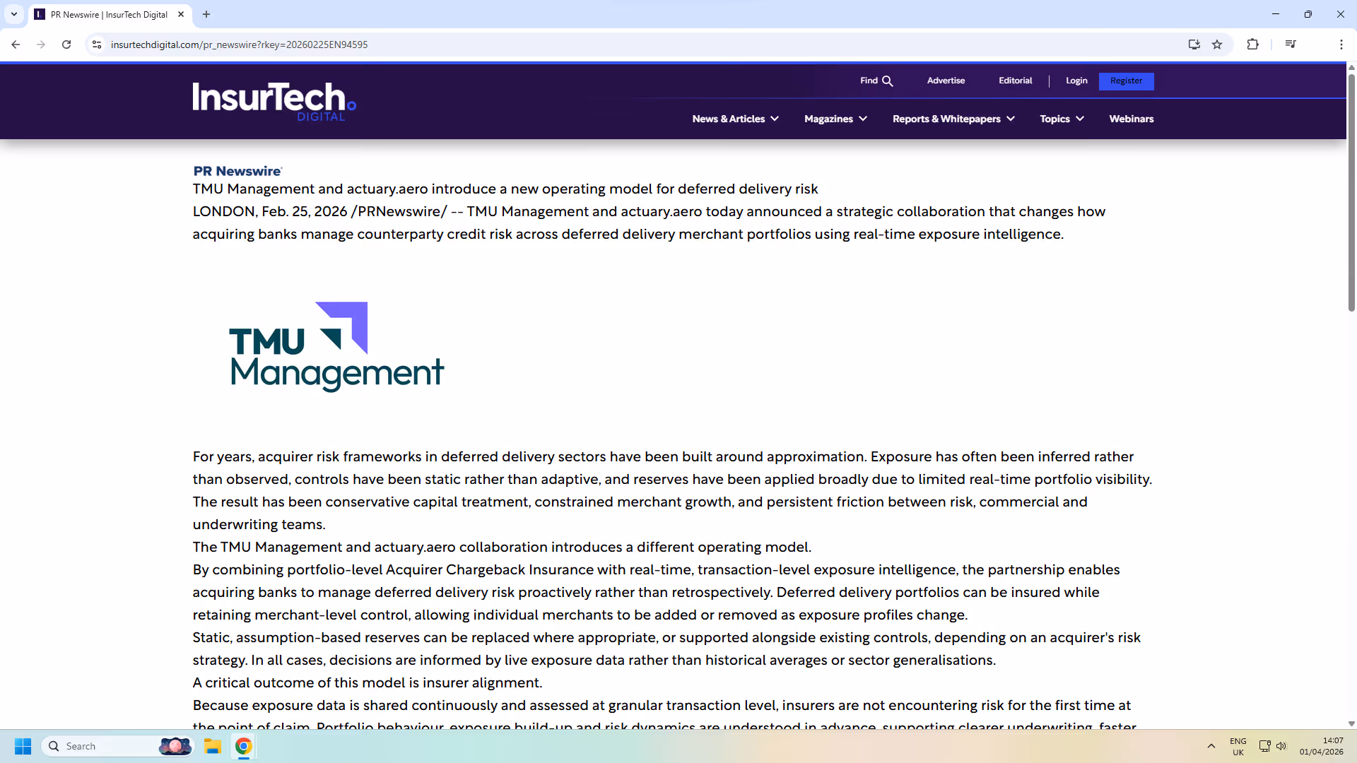 TMU Management and Actuary Aero Introduce New Operating Model for Deferred Delivery Risk