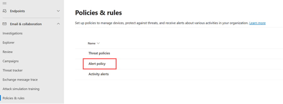 Highlighting Alert policy in the Policies and rules page