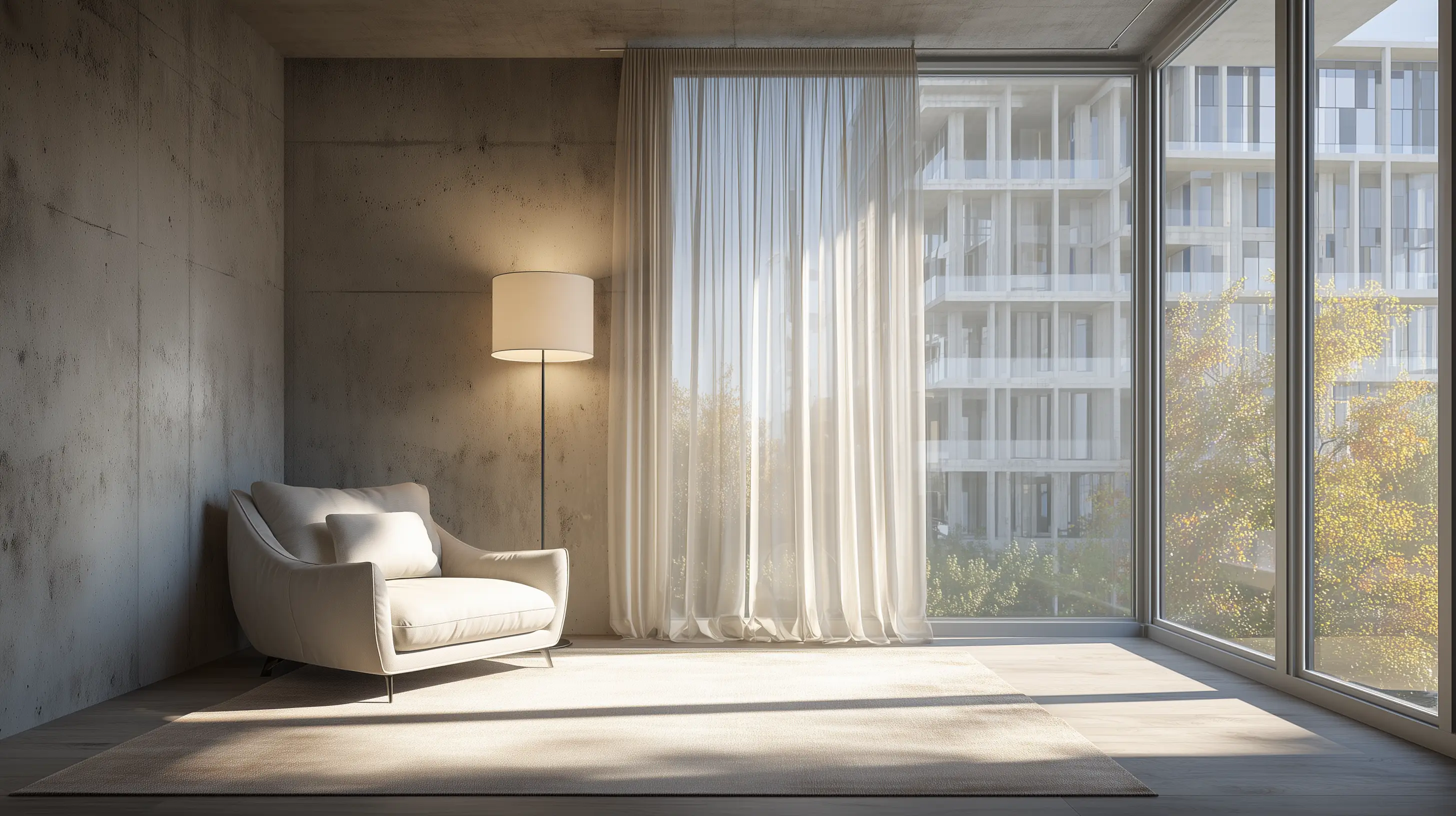 Minimalist living room with a modern armchair, floor lamp, and sheer curtains.