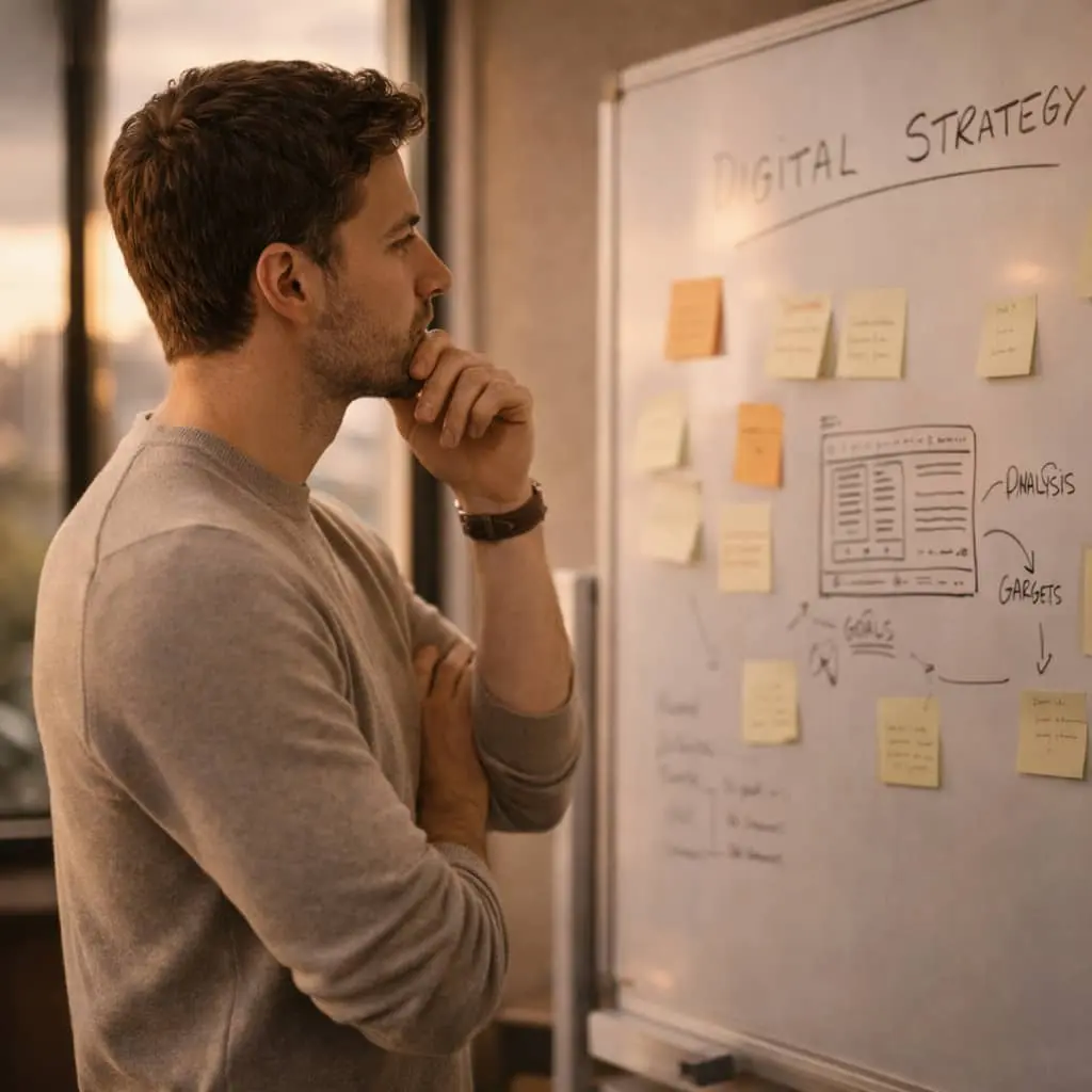 Designer web réfléchissant à une stratégie digitale devant un tableau