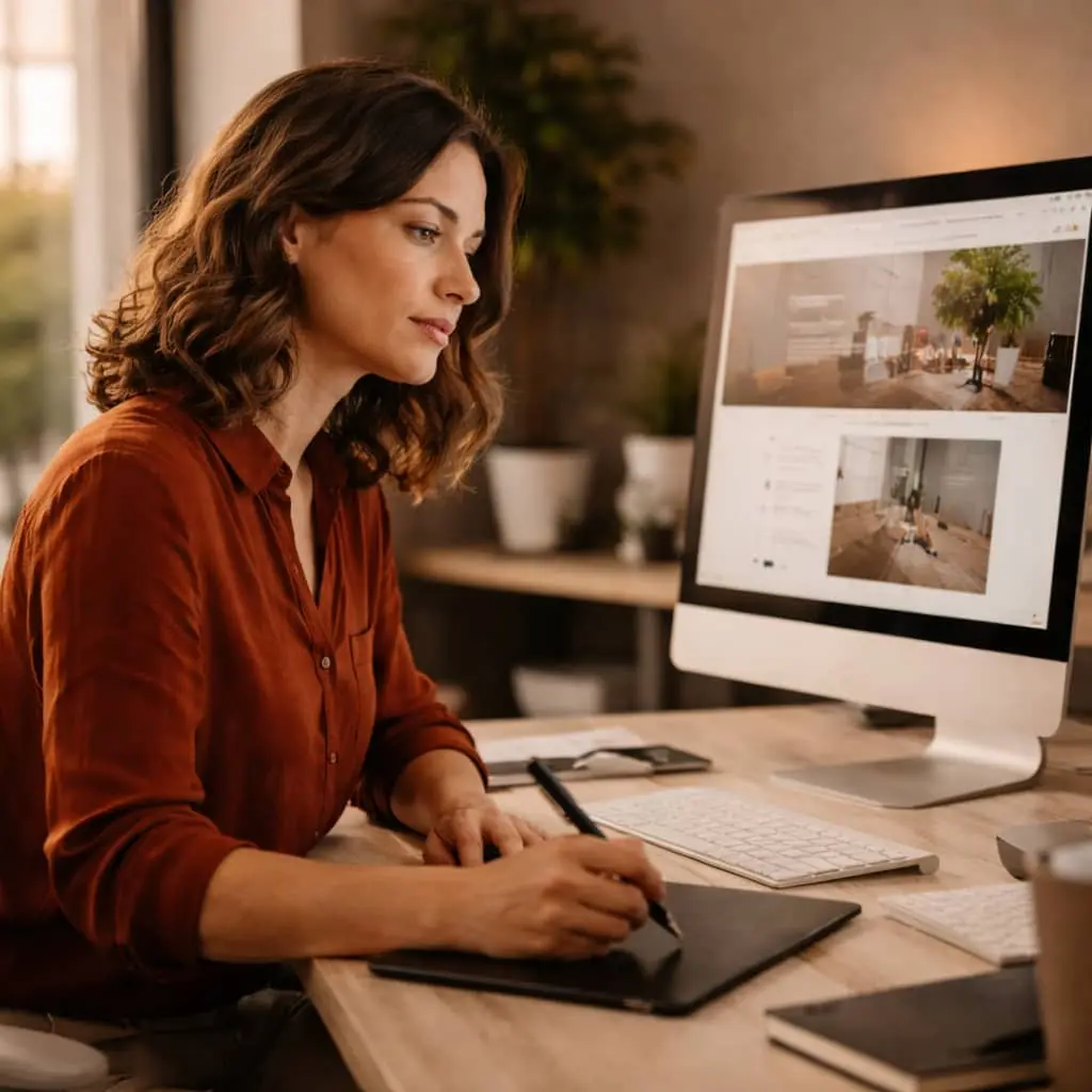 Designer web travaillant sur la conception d’un site internet dans un bureau.
