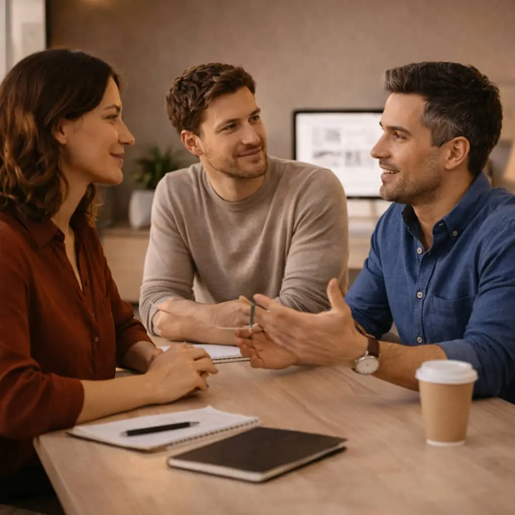 Trois professionnels échangent autour d’un projet web dans un bureau