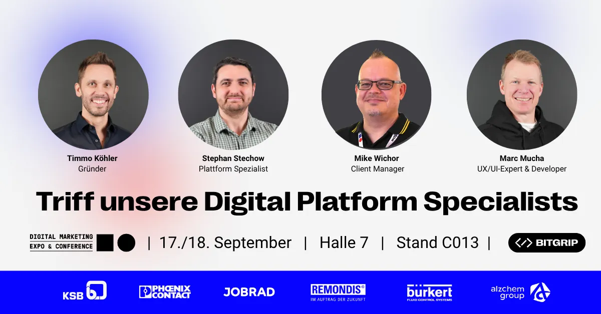 Ein Teil des Bitgrip Teams auf der DMEXCO 2025 ist zu sehen, inklusive Jobtitel und den Daten der DMEXCO. Bitgrip ist in Halle 7 an Stand C019 zu finden. 