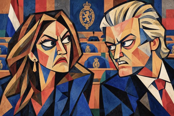 Tekening in de stijl van Picasso van Yesilguz en Wilders in de Tweede Kamer. Ze kijken elkaar kwaad aan.