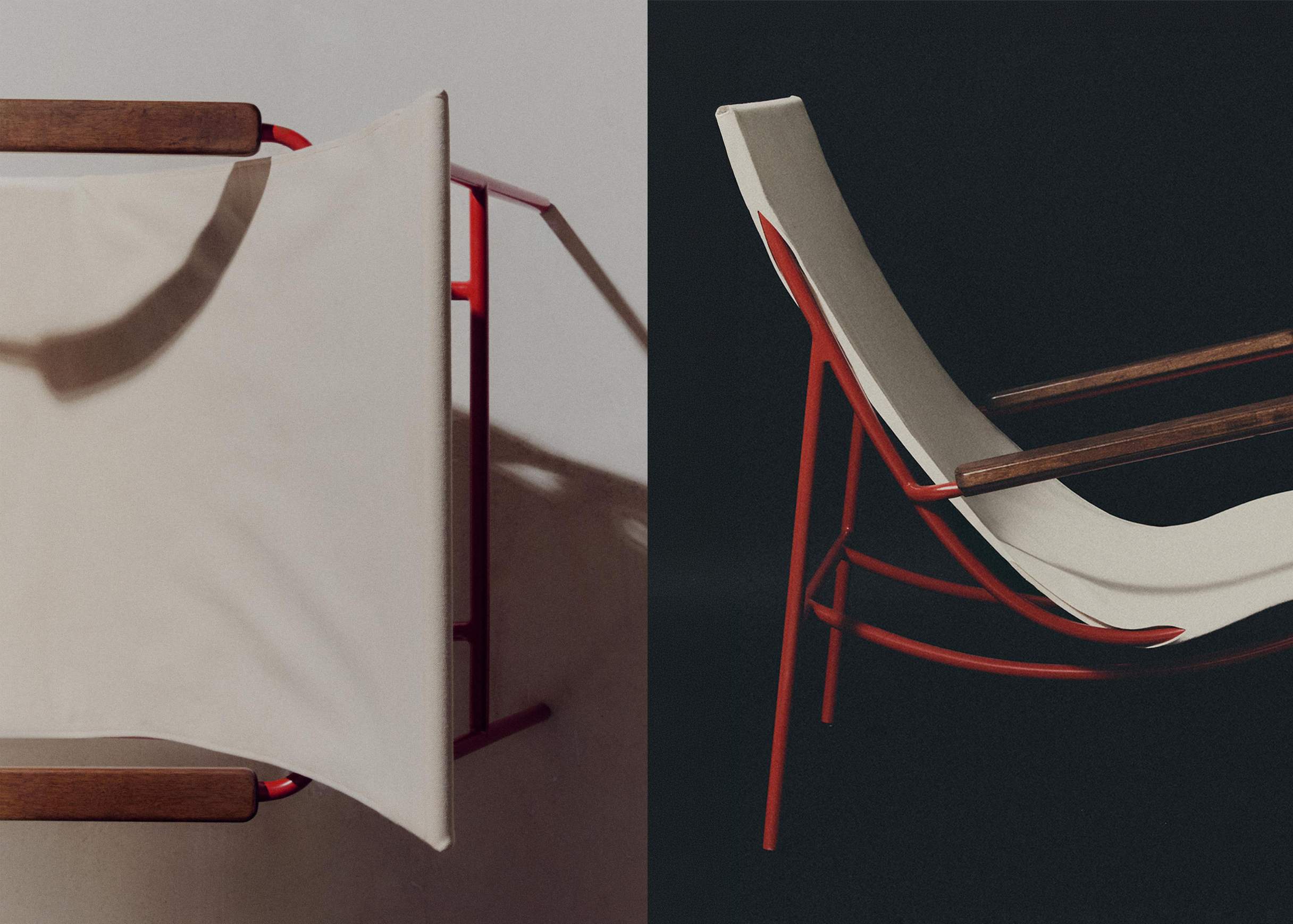 Two close-ups: cream canvas beside the red frame and wooden armrests, and the chair's red frame and canvas seat on a black background.