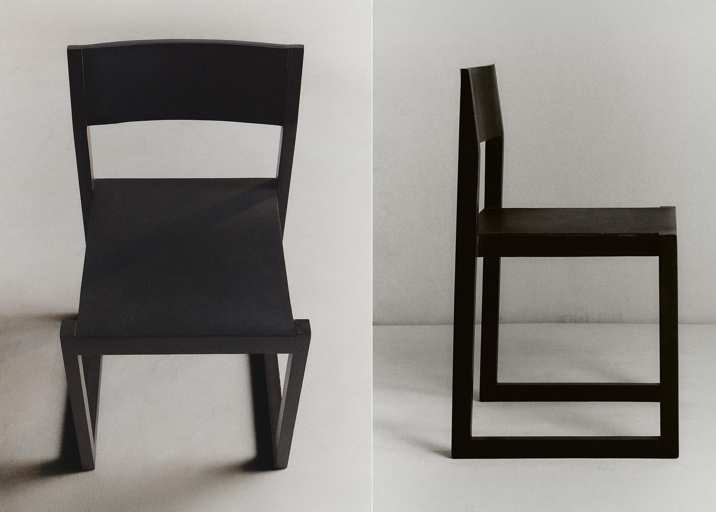 Two views of the Ray chair: from above, showing the black leather seat and curved backrest, and in profile, showing the sled base and angled back.