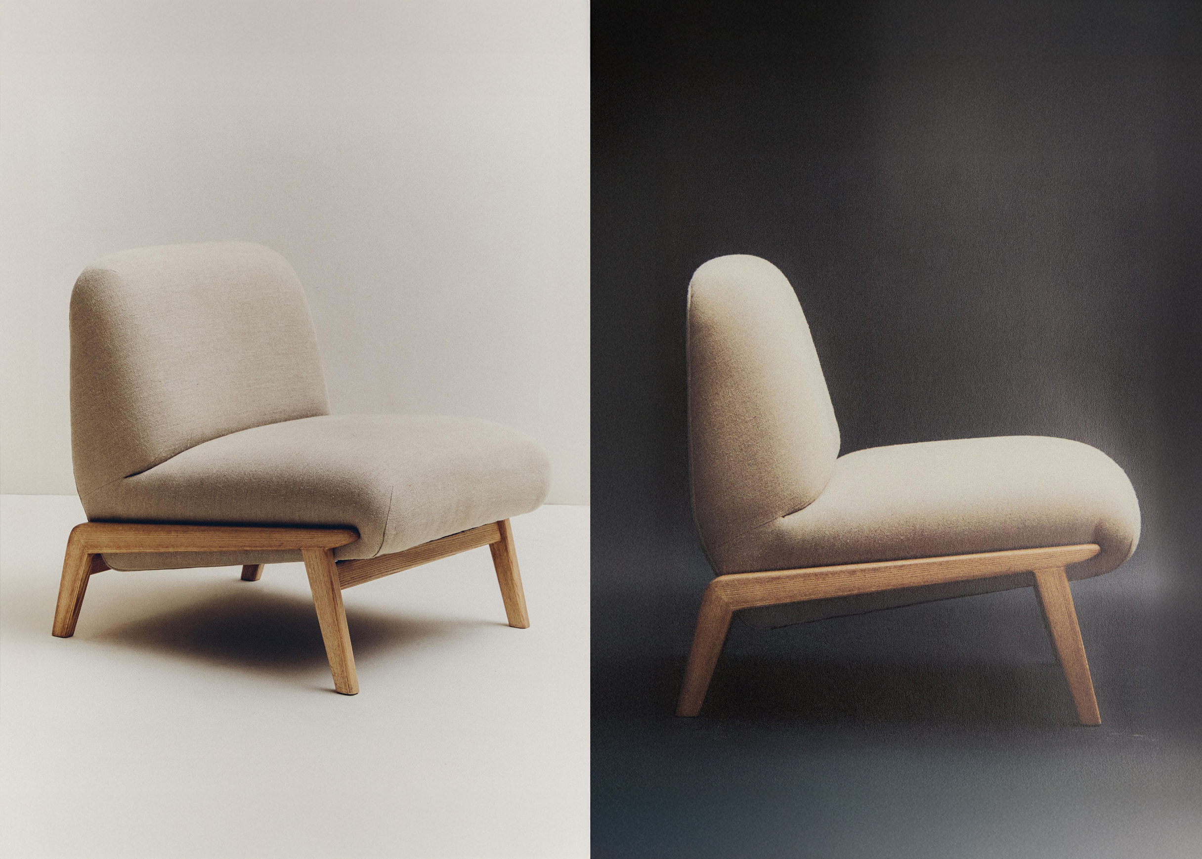 Two views of the beige linen Camilla chair with oak frame: a three-quarter view on a light background and a side profile against dark grey.