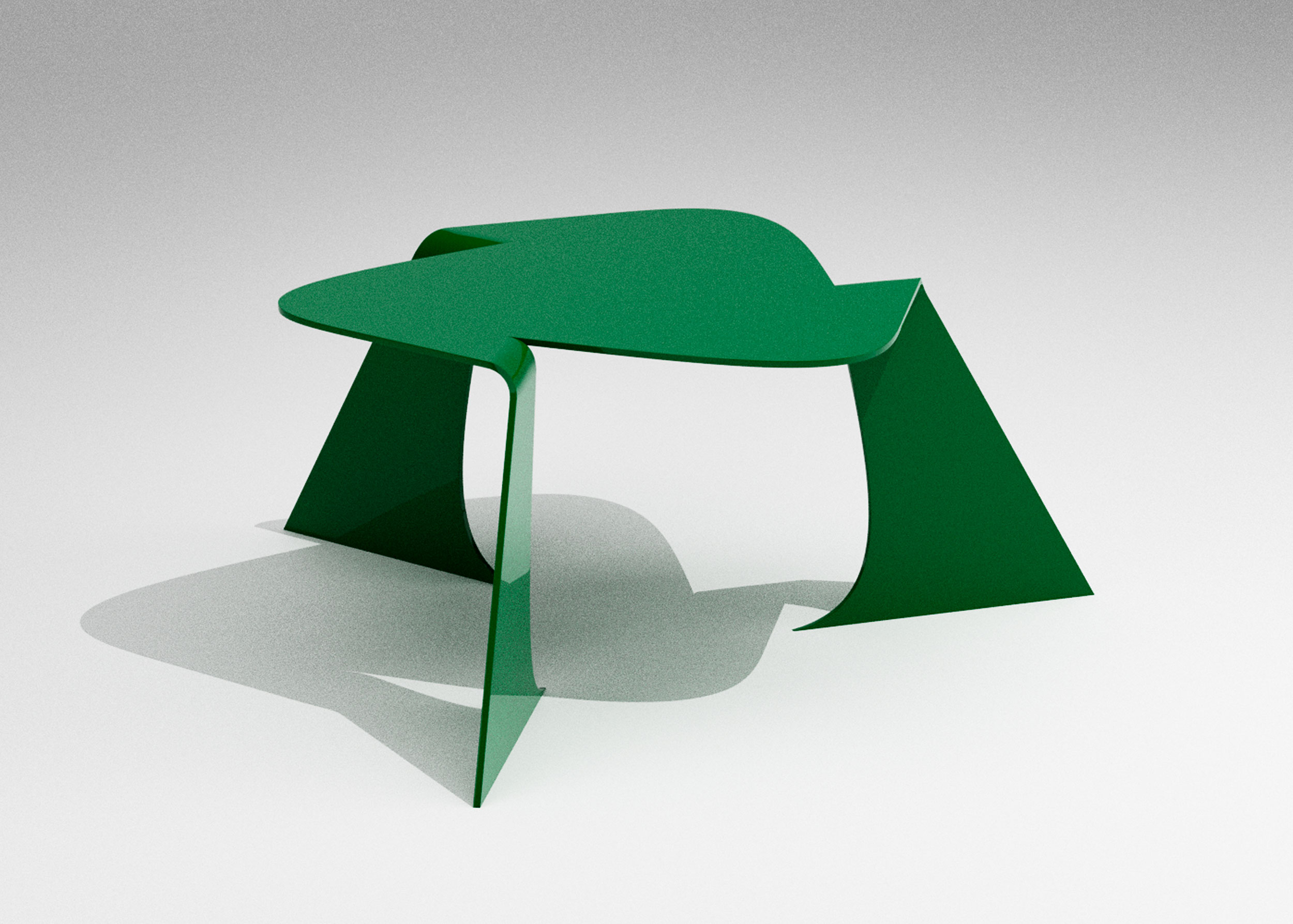 Rendering of the green Bend table on a plain light background, with a rounded triangular top and three folded triangular legs casting a soft shadow.