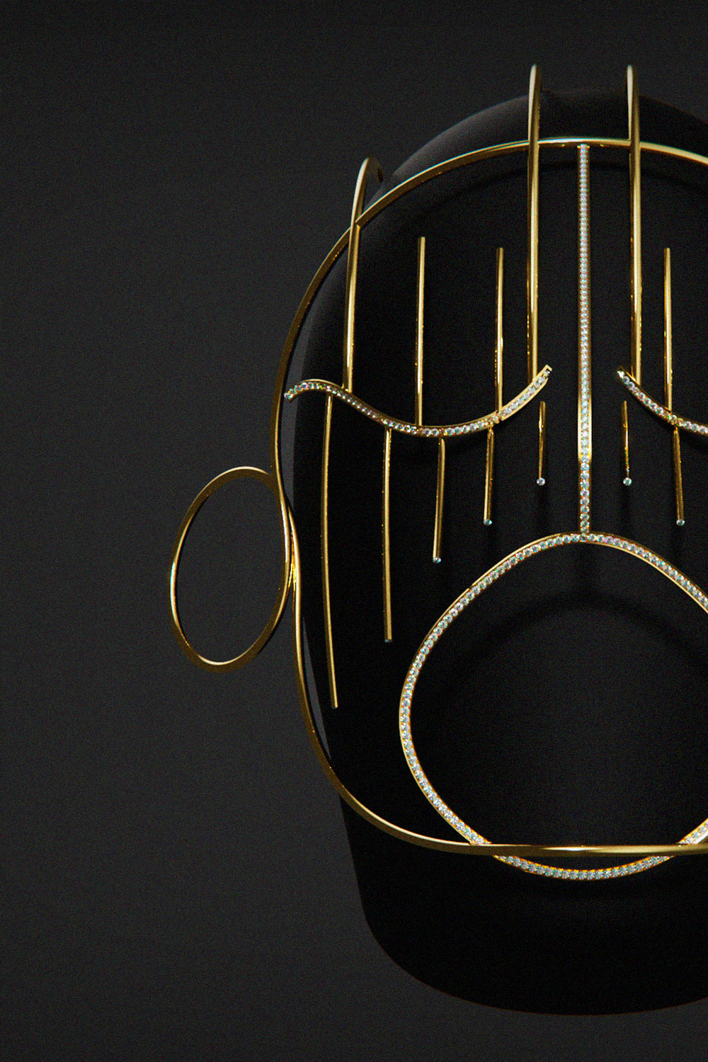 Gold version of the decorative mask on a dark head form, with a nose line and stone-set brows, eyelids and mouth outline between vertical gold rods.