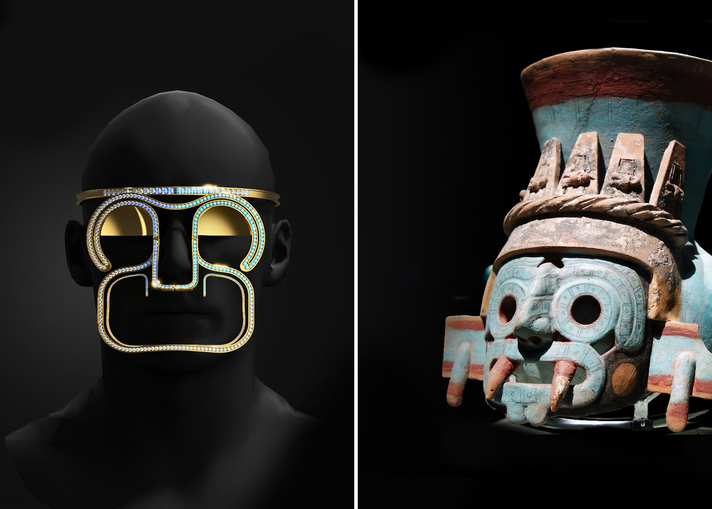 Two images side by side: close-up of silver curved bands set with blue and white stones, and a jeweller's gloved hands holding the finished stone-set mask.