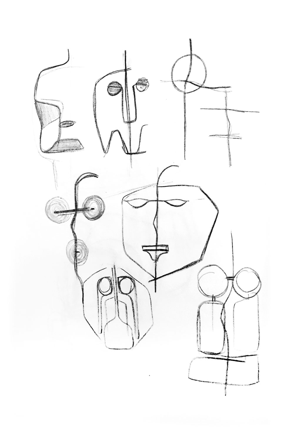 Pencil sketches of faces and masks in simple lines, exploring eye, nose and mouth arrangements.