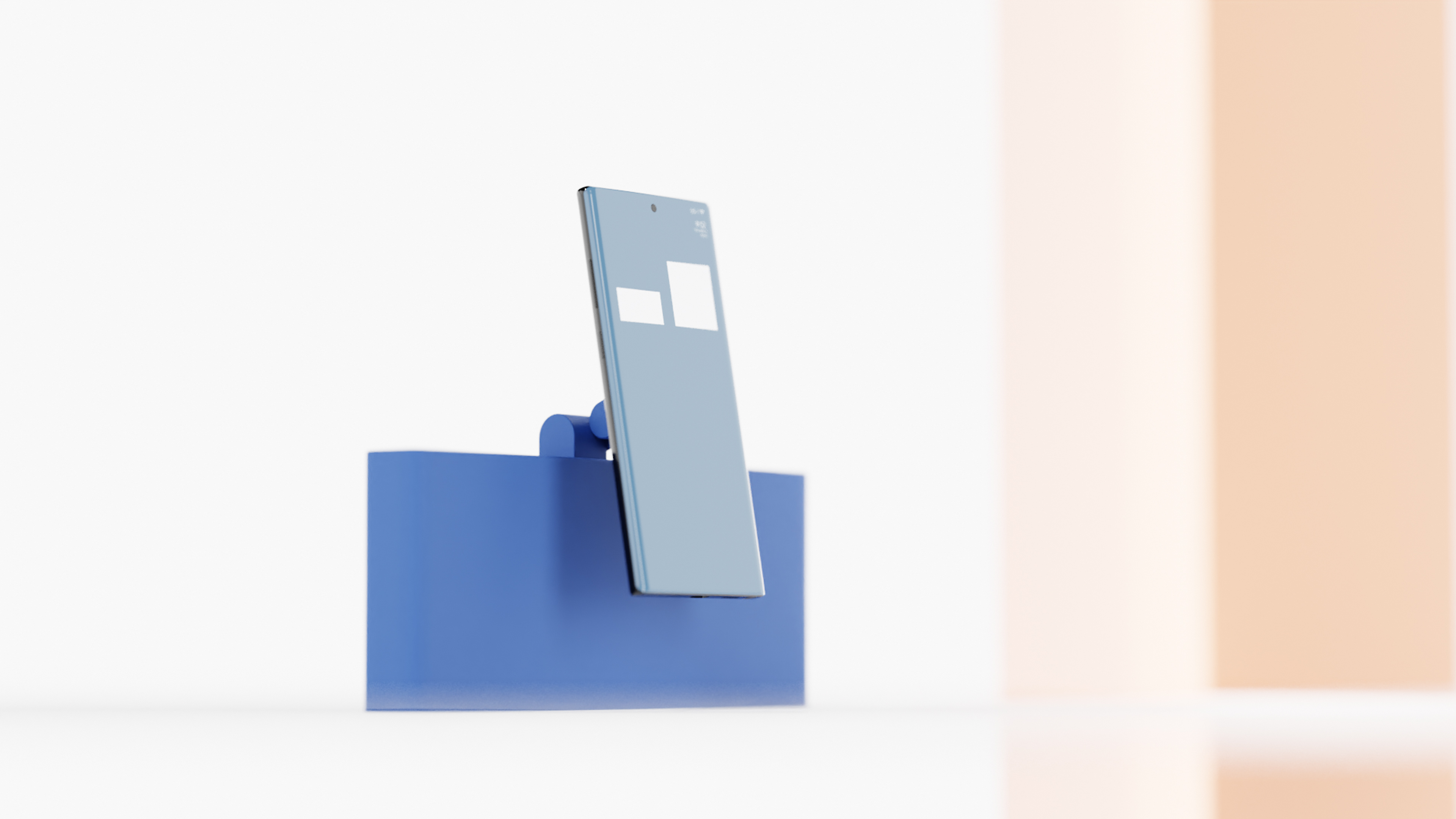 Rendering of a blue-grey phone with two white rectangular eyes, tilted forward on a blue block with a small rounded hinge, against a white and peach background.