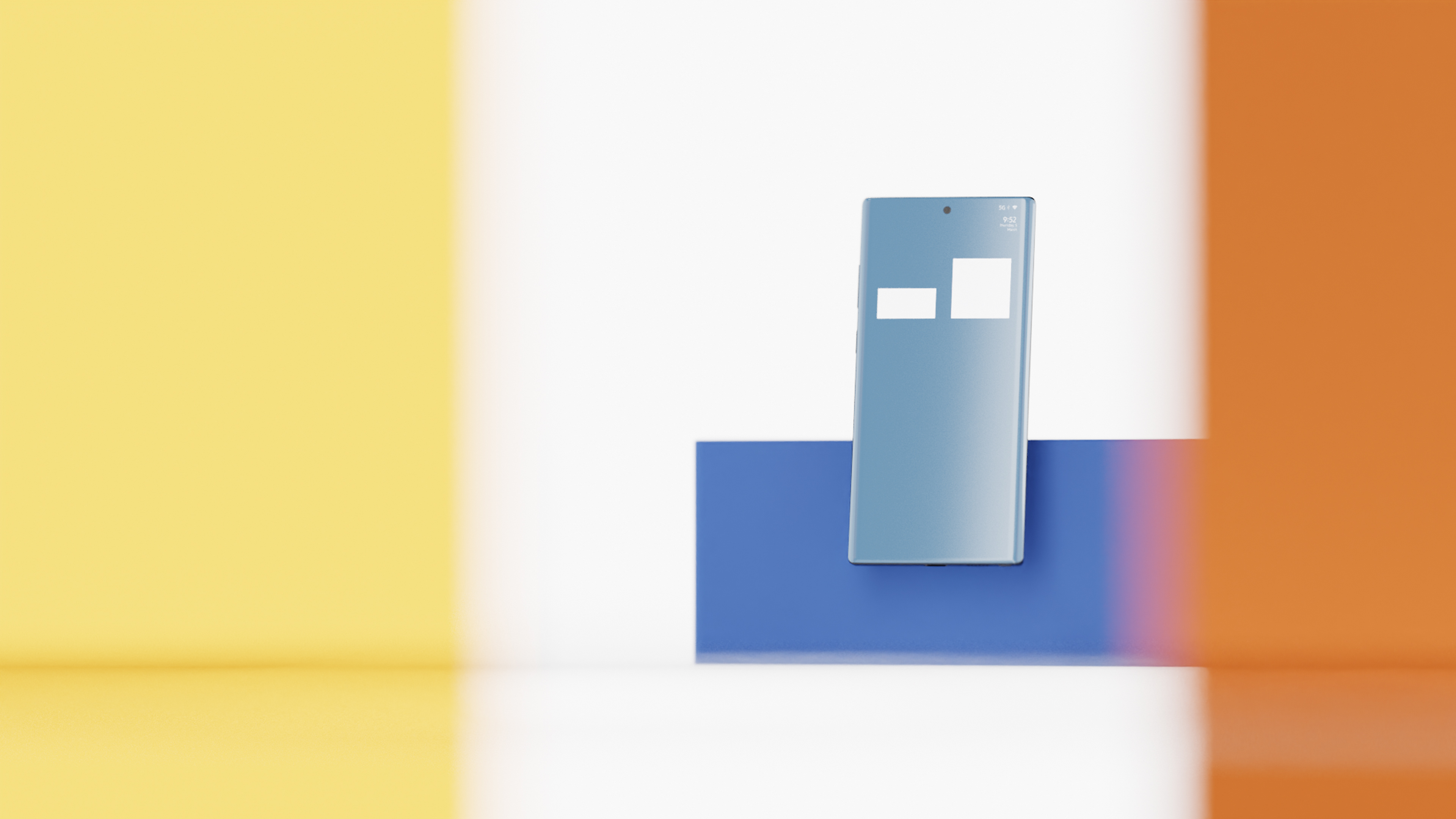 Rendering of a blue-grey phone with two white rectangular eyes, on a blue block between blurred yellow and orange bands.