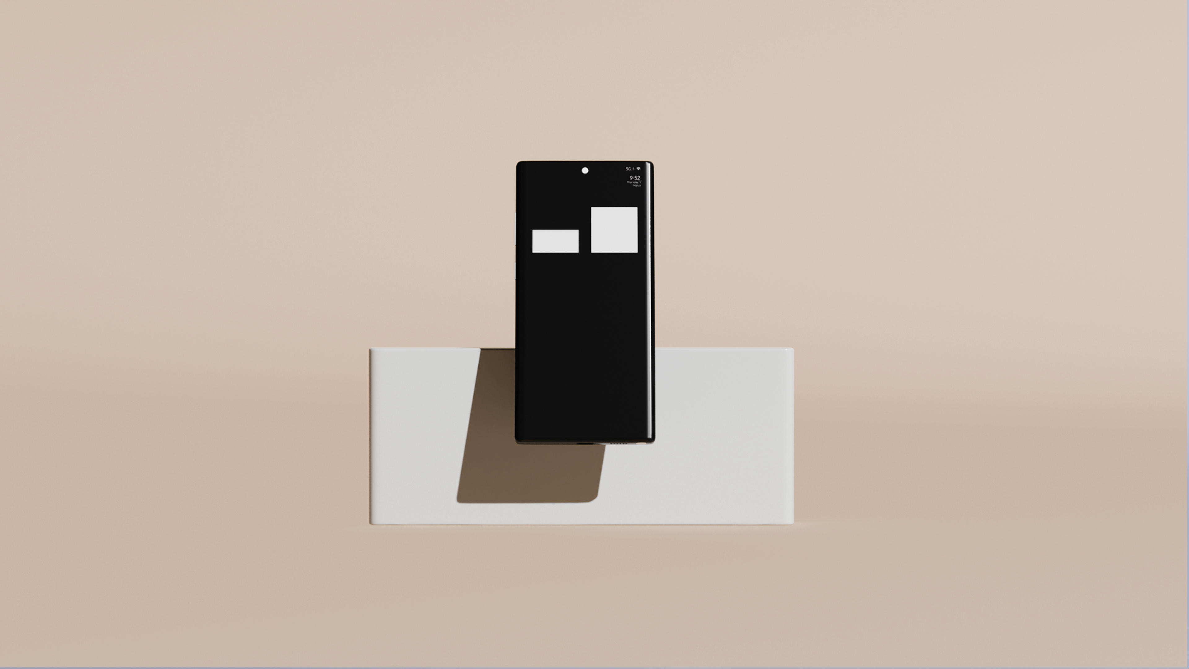 Rendering of a black phone showing two white rectangular eyes, standing in front of a pale grey block on a beige background.