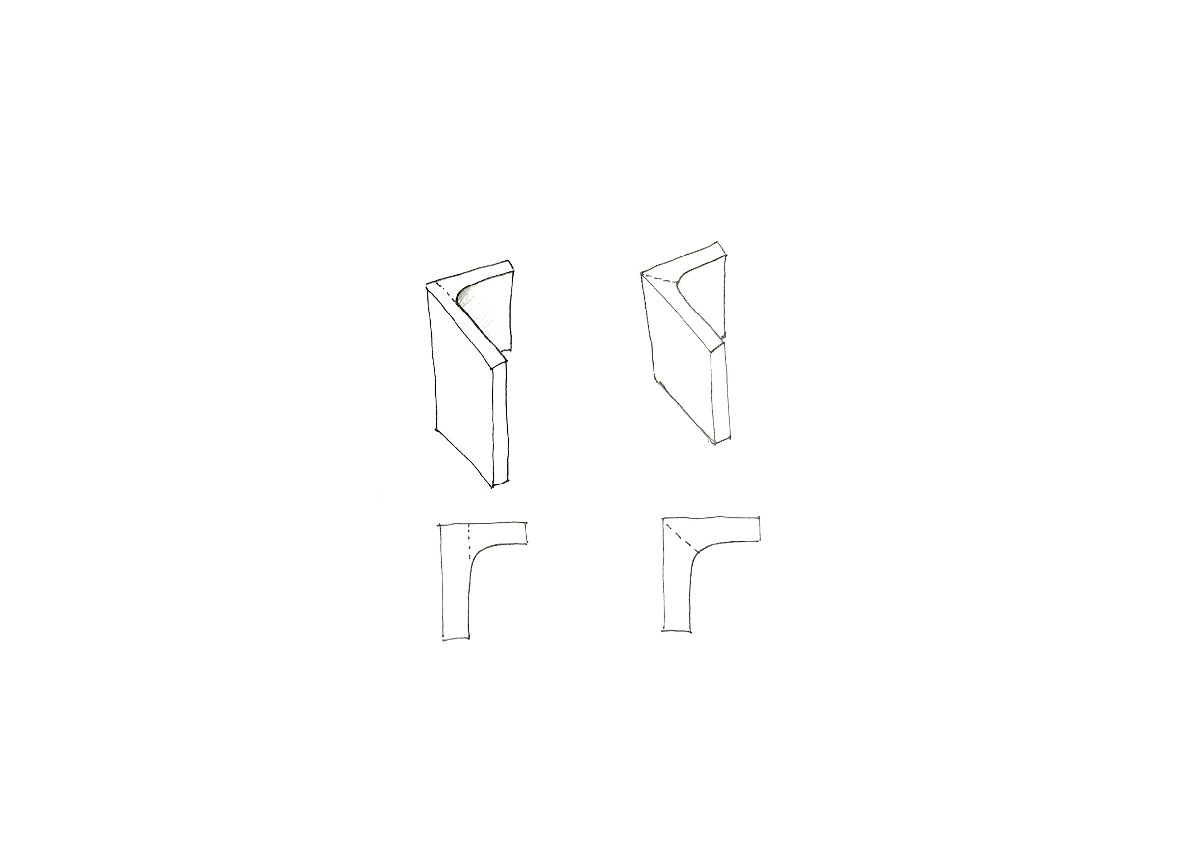 Pencil sketches of the Tondo bookend: two three-quarter views of the curved form above two L-shaped side profiles.