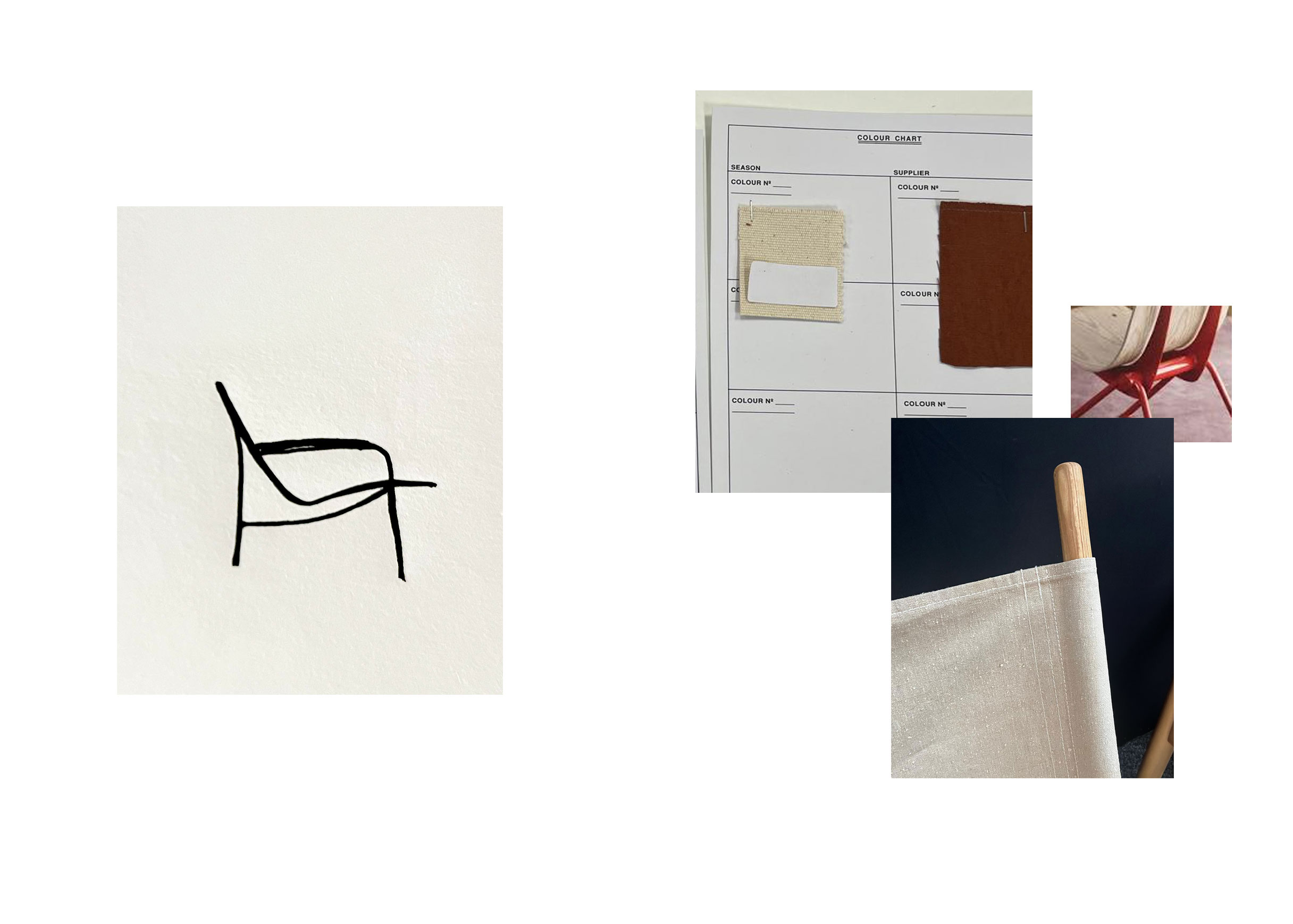 Design process collage: a black line sketch of the chair, a colour chart with cream and rust fabric swatches, and close-ups of the red frame and canvas.