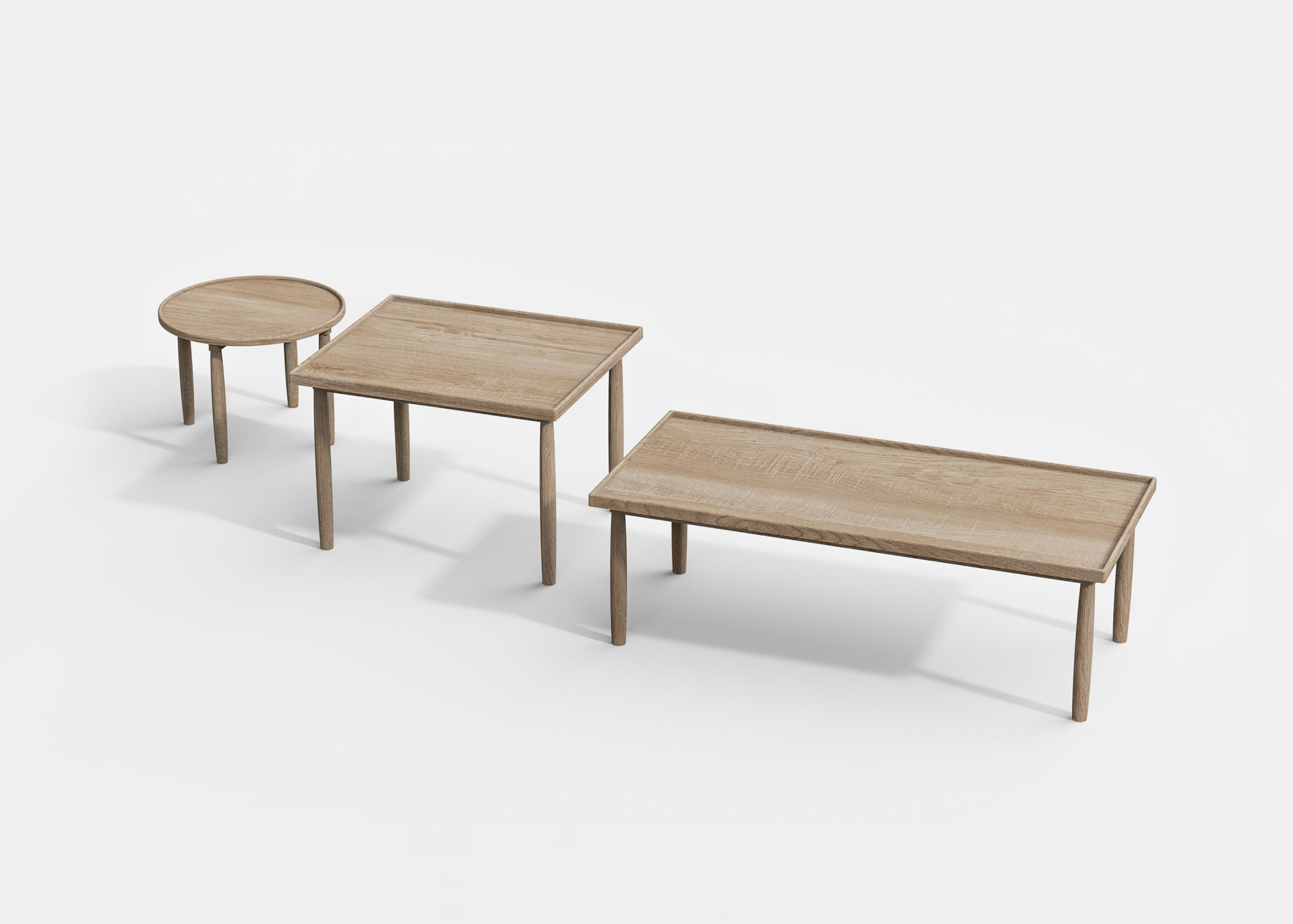 Rendering of three Oat tables in a row: a small round one, a square one and a long rectangular one, all in light oak with raised rims.