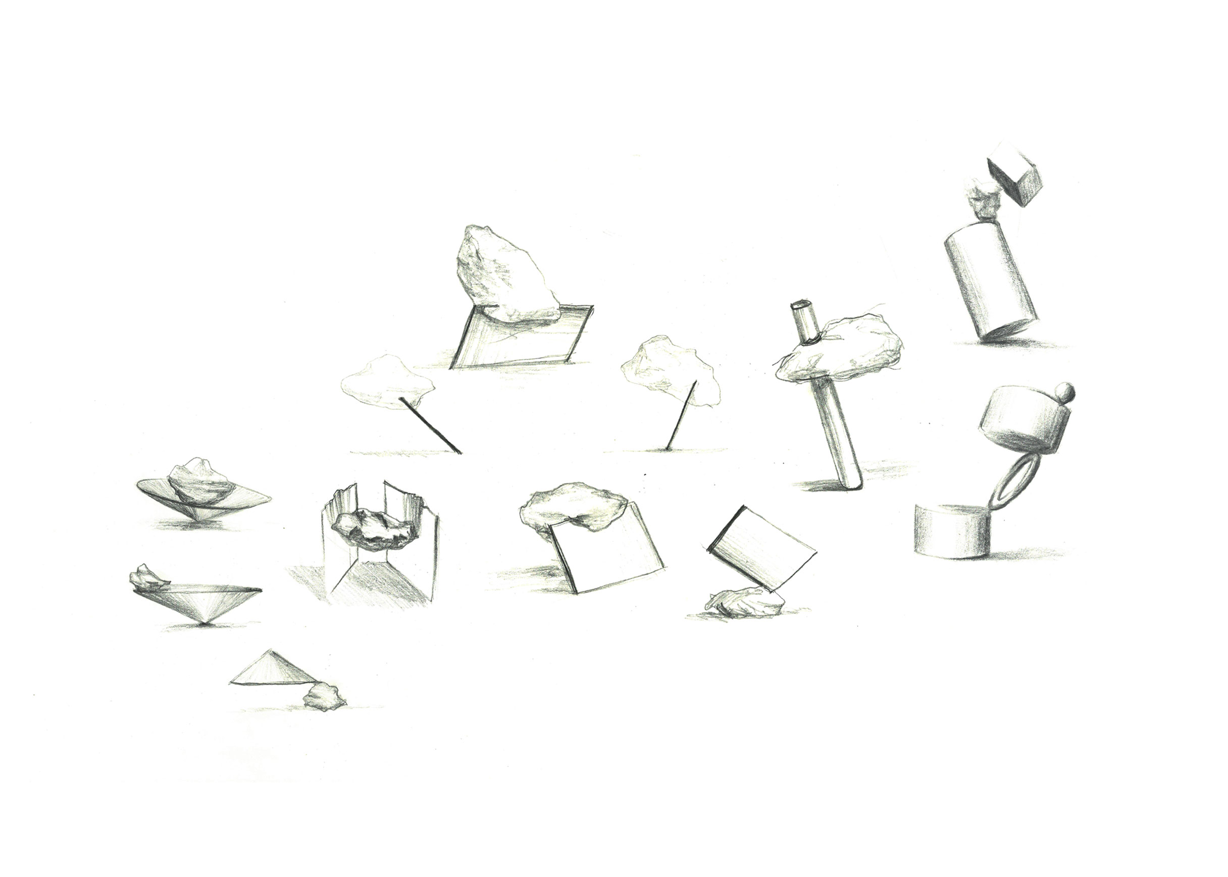 Pencil sketches of rocks balanced on geometric forms such as cones, cylinders, folded planes and a ring.