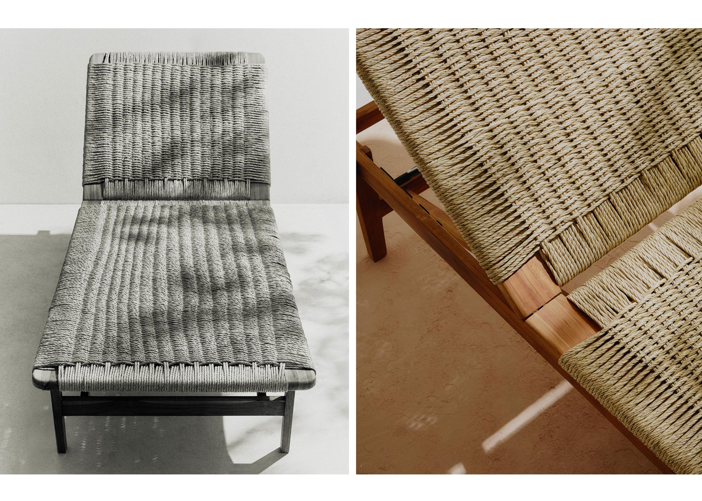 Two images side by side: a black-and-white view from above of the Cord lounger's woven cord seat and raised back, in dappled shadow, and a colour close-up of the cord weave meeting the teak frame on a terracotta floor.