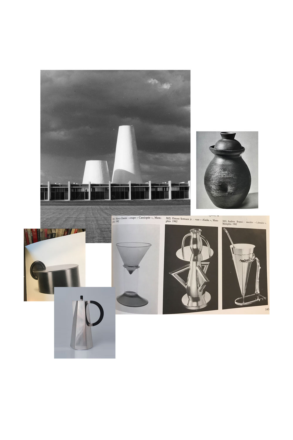 Reference collage of conical towers, a ridged jar and Memphis-era metal vessels