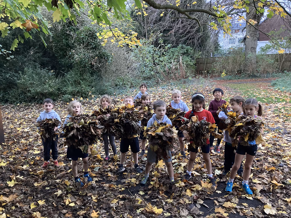 kids with handful of leaves in the forest