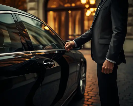 Professional Velvet Ride chauffeur in suit opening the door of a black luxury car for an executive passenger.
