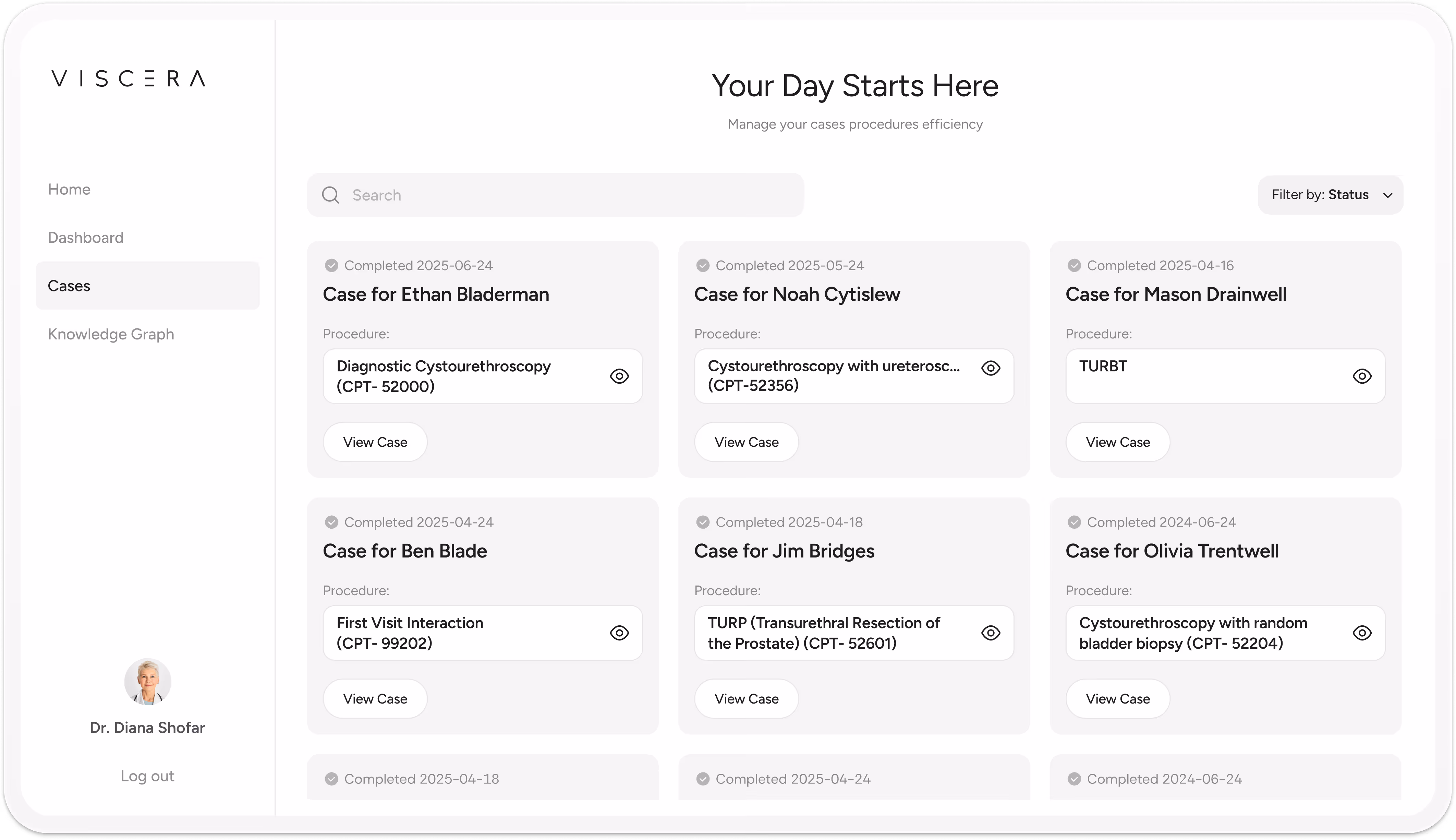 Dashboard interface showing completed medical cases with patient names, procedure details, completion dates, and a sidebar menu with navigation options and user profile.