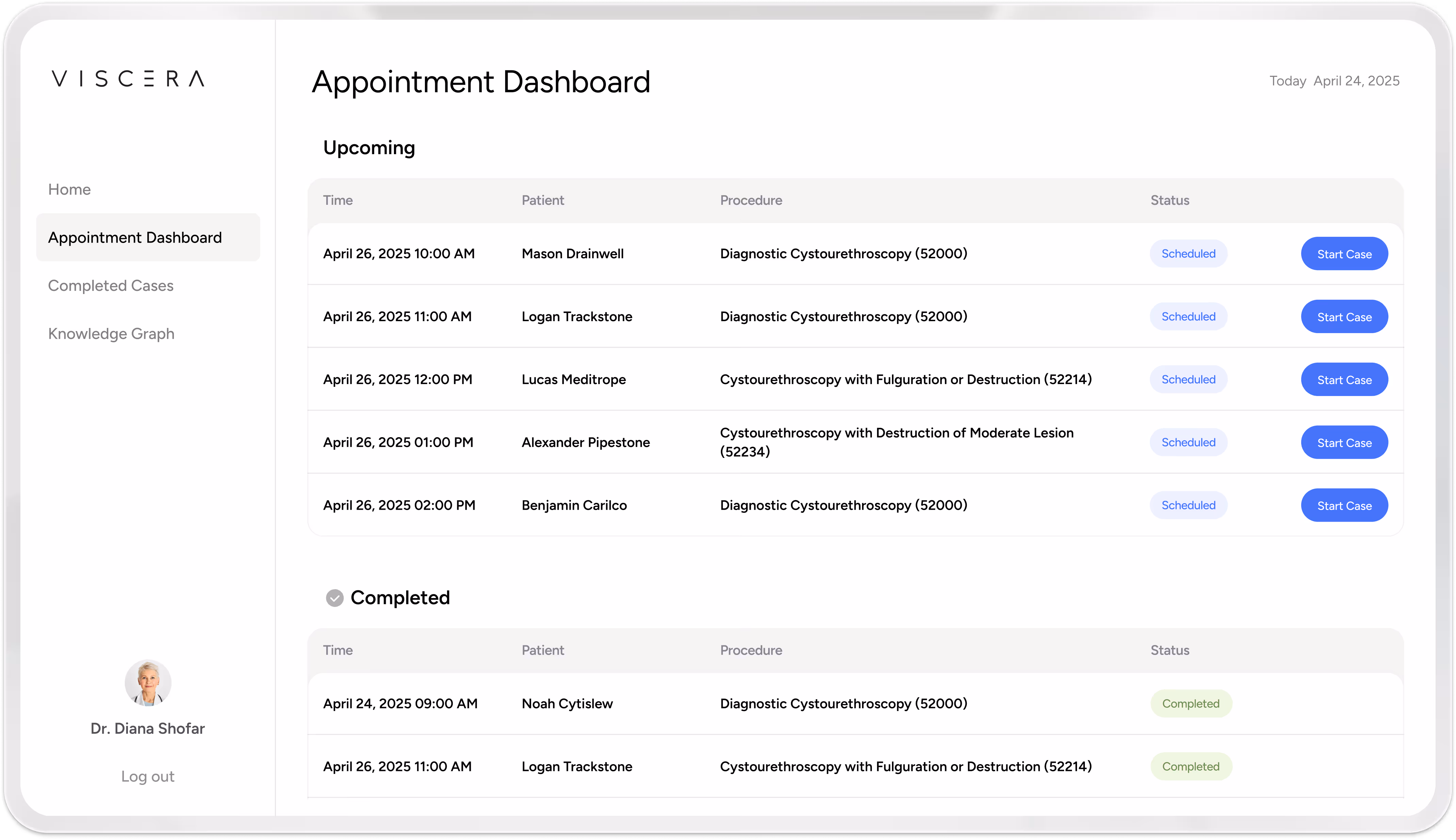 Medical appointment dashboard showing upcoming and completed cases with patient names, times, procedures, and status indicators.