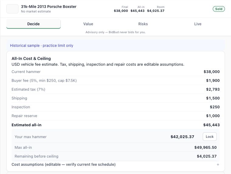 BidBud 0.4.3 release preview: a labeled historical Boxster sample, estimated costs, and an exact saved practice limit.