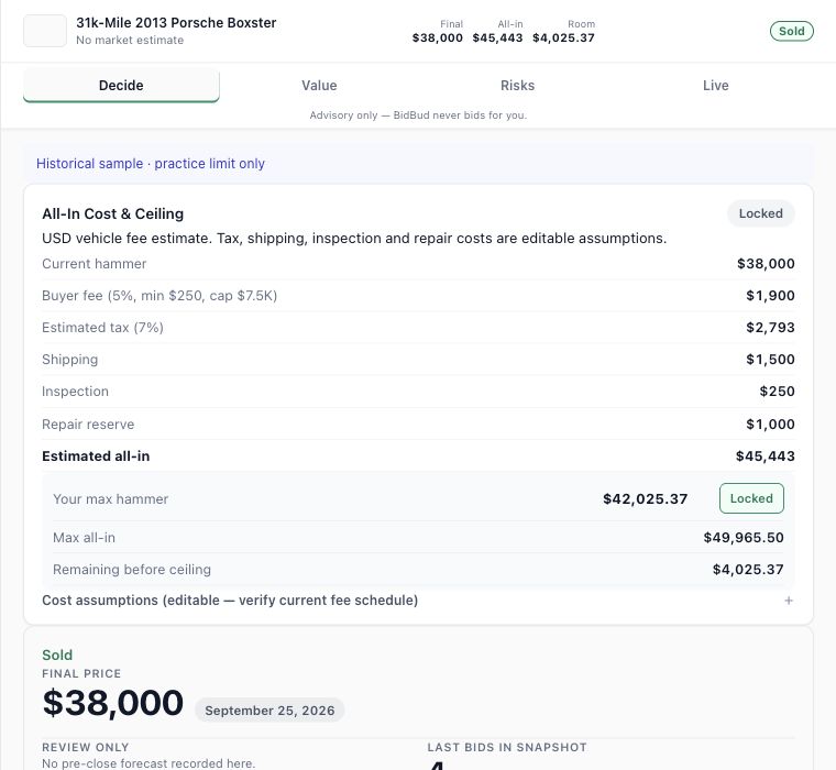 Actual BidBud interface showing a locked personal limit and estimated costs in a historical practice sample.