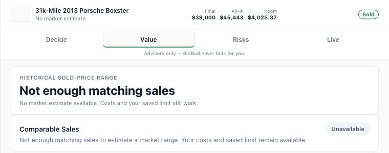 Actual BidBud development UI stating Not enough matching sales and withholding a market estimate.