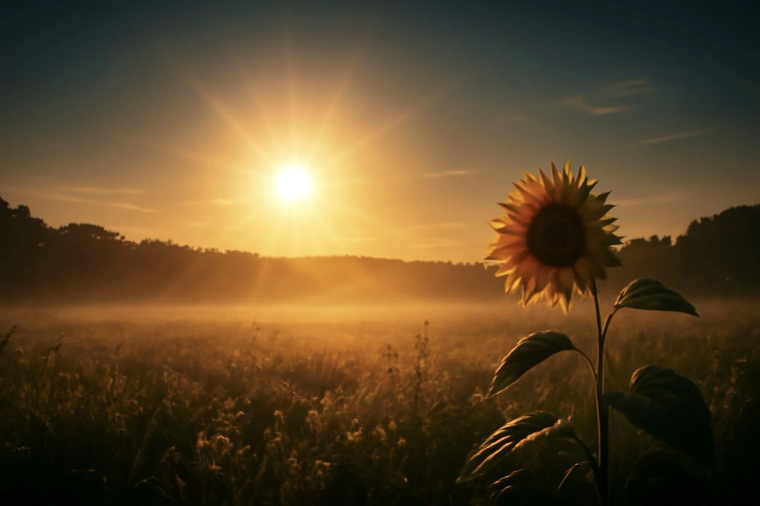 Focus sur un tournesol dans un champs avec un beau soleil couchant dans le fond