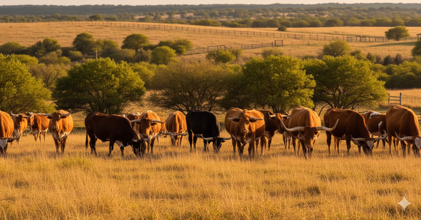 Longhorn cattle grazing on a ranch.