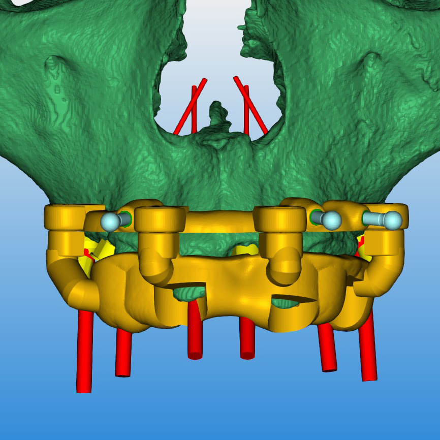 Abstract 3D model of yellow mechanical structure with red supports