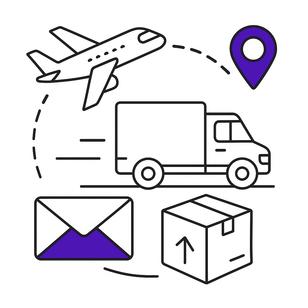 Plane, truck, envelope and parcel — logistics contact illustration