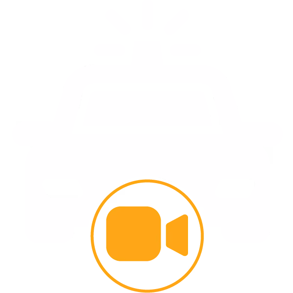 White police car icon with flashing light and an orange video camera symbol in front.
