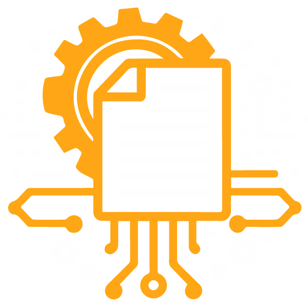 Icon showing a document with lines in front of a gear with circuit-like lines around it.