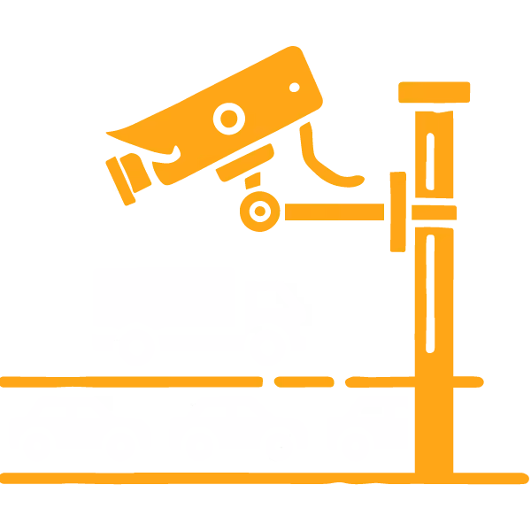 Orange surveillance camera mounted above icons of a truck and cars on a road.