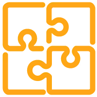 Four interlocking orange puzzle pieces forming a square on white background.