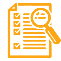 Yellow checklist paper with check marks and a magnifying glass icon over text.