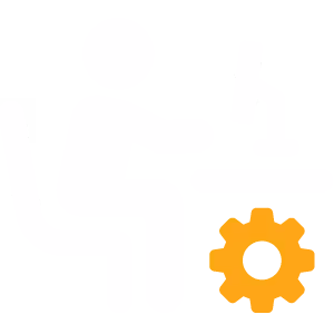 Icon of person sitting at desk with computer and an orange gear representing settings or support.
