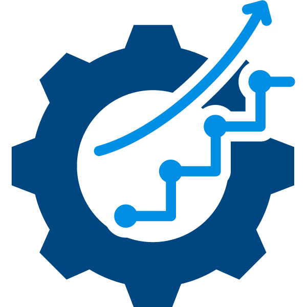 Blue gear icon with an upward trending arrow and a stepped line graph inside symbolizing efficiency and growth.