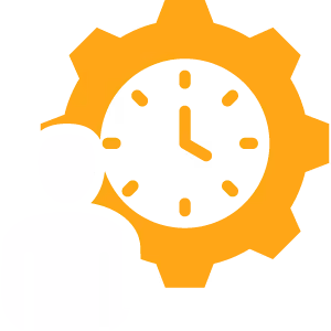 White person icon with an orange gear and clock symbol behind representing faster support.