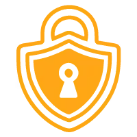 Orange shield with a keyhole and padlock icon symbolizing security.