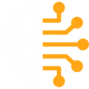 White brain outline on left connected to orange circuit lines on right, symbolizing AI or brain technology.