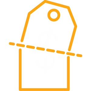 Orange price tag with a white dollar sign crossed by a dashed line indicating a discount.